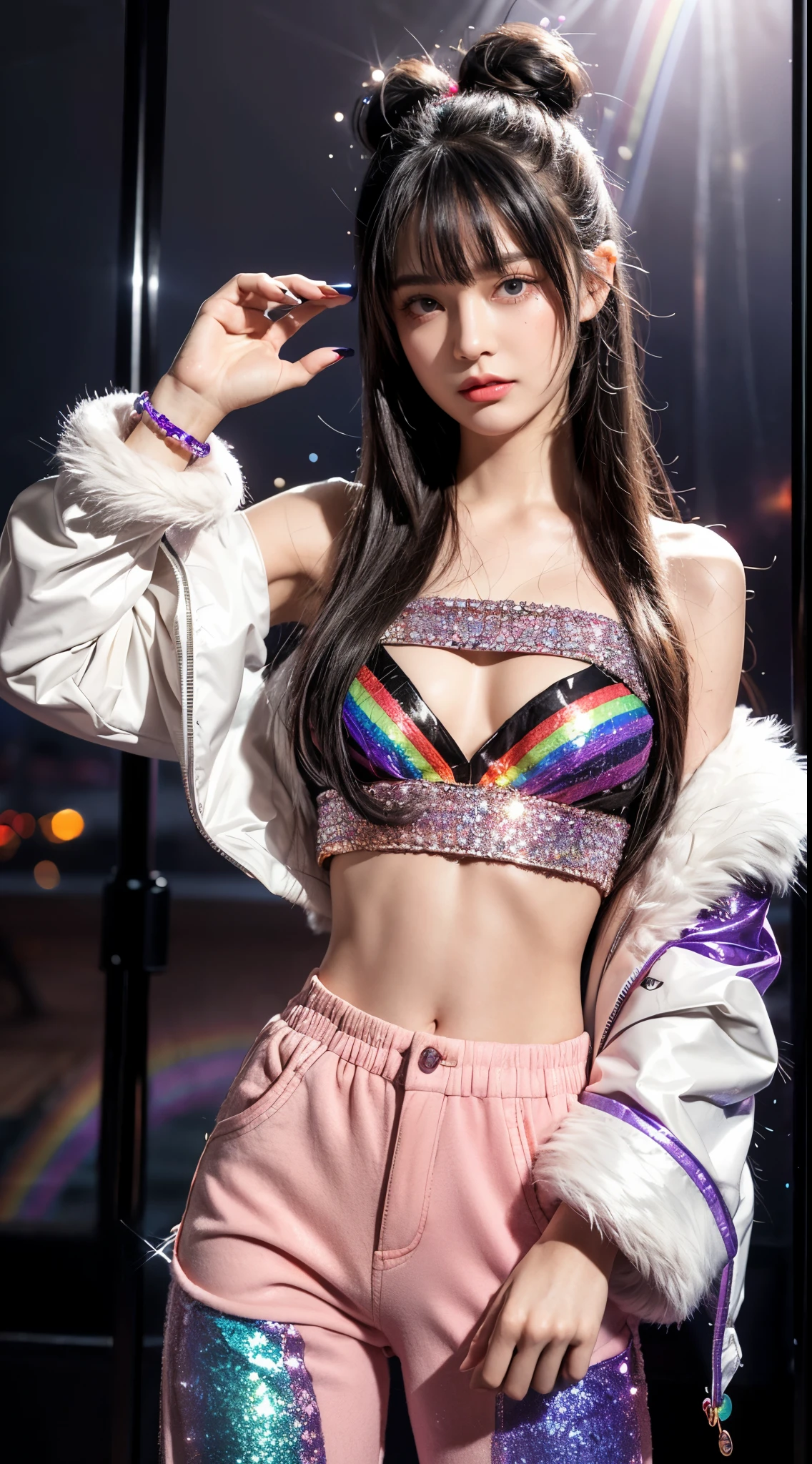 (Ultra-detailed eyes), (((textile shading))), (((Best Quality))), (((masutepiece))), (((Ultra-detailed CG))), sassy girl, (((magical ))), (Petite), (tiny chest), black hair, black hair, black hair, pin up emo, ((long hair two bun with bangs, gorgeous hair)), Pink eyes, (((retro style, rainbow stripped faux fur jacket as outer, very glitter crop top, the flame flares trouser, y2k))), ((striking a pose)), (((Game CG)) (gorgeous, sassy, it girl), fancy jewelry, full led on background, sparkling led on background, retro light, spooky vibe, haunted house on background, a lot of spider, light retro led, magic disco light led, strong 80s atmosphere, cowboy shot, midshot, centered image, eye on camera, front look