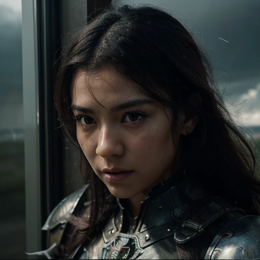 Realistic, 35mm, Intricate detail, hdr, Intricate detail, Ultra detailed, Natural skin texture, Surreal, Sharp, 1 girl, Chinese, Blush, Black eyes, Black smooth hair, Portrait, Solo, half shot, top view, detailed background, detailed face, (1nf3rnalAI, hell theme: 1.1), strong expression, dynamic pose, glass robot, (made of glass: 1.1), translucent, glass structure, warrior, glass Armor, dirty glass, machinery, power, magic symbols, mysterious power, floating particles, reflections, wind, background storm, movie atmosphere,