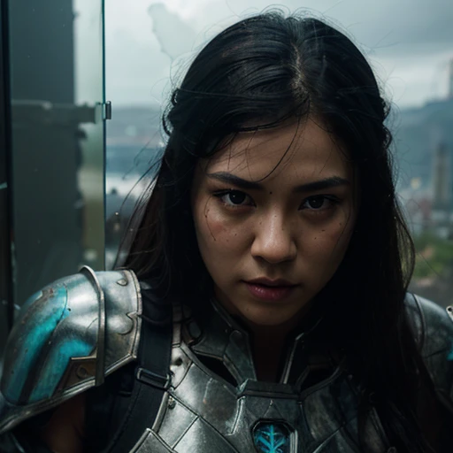 Realistic, 35mm, Intricate detail, hdr, Intricate detail, Ultra detailed, Natural skin texture, Surreal, Sharp, 1 girl, Chinese, Blush, Black eyes, Black smooth hair, Portrait, Solo, half shot, top view, detailed background, detailed face, (1nf3rnalAI, hell theme: 1.1), strong expression, dynamic pose, glass robot, (made of glass: 1.1), translucent, glass structure, warrior, glass Armor, dirty glass, machinery, power, magic symbols, mysterious power, floating particles, reflections, wind, background storm, movie atmosphere,