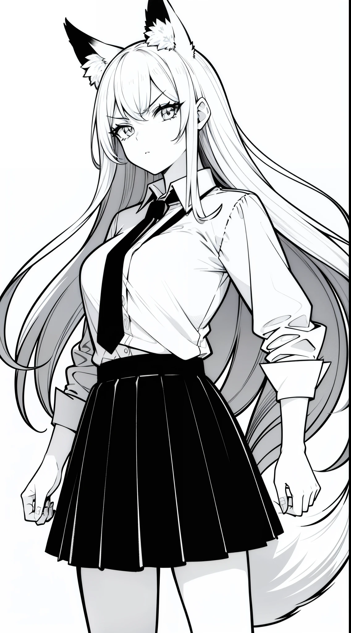 1girl ,20s,angry face,mature female,white shirt,black tie,black skirt,gray hair,long hair,fox ears,cowboy shot,standing,(white background, monochrome, line drawing,)
