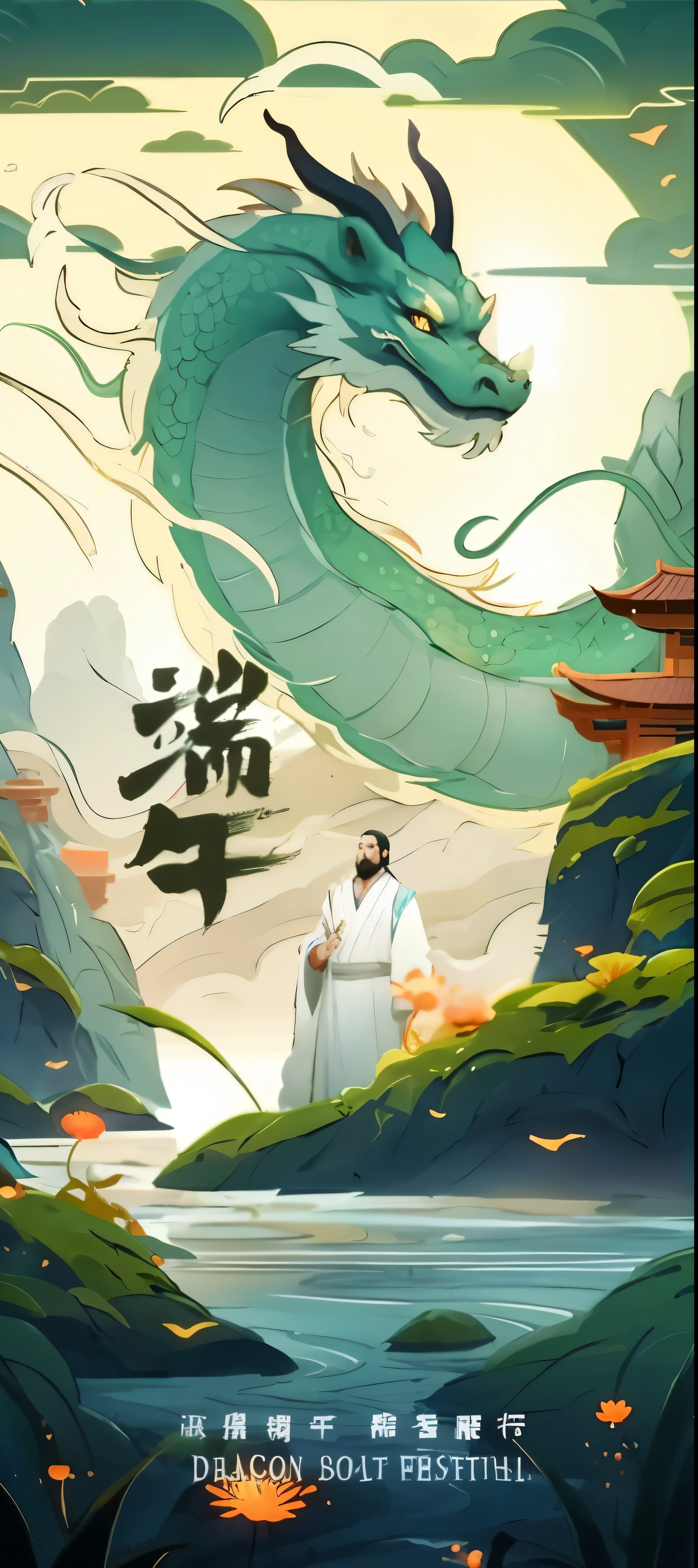 Close-up of a poster with a dragon on it, inspired by Wu Daozi, inspired by Guan Daosheng, guan yu, Inspired by Zhibai, Inspired by Hu Zaobin, inspired by Dong Yuan, man with the soul of a dragon, Inspired by Li Gonglin, inspired by fabric, inspired by Wu Bin