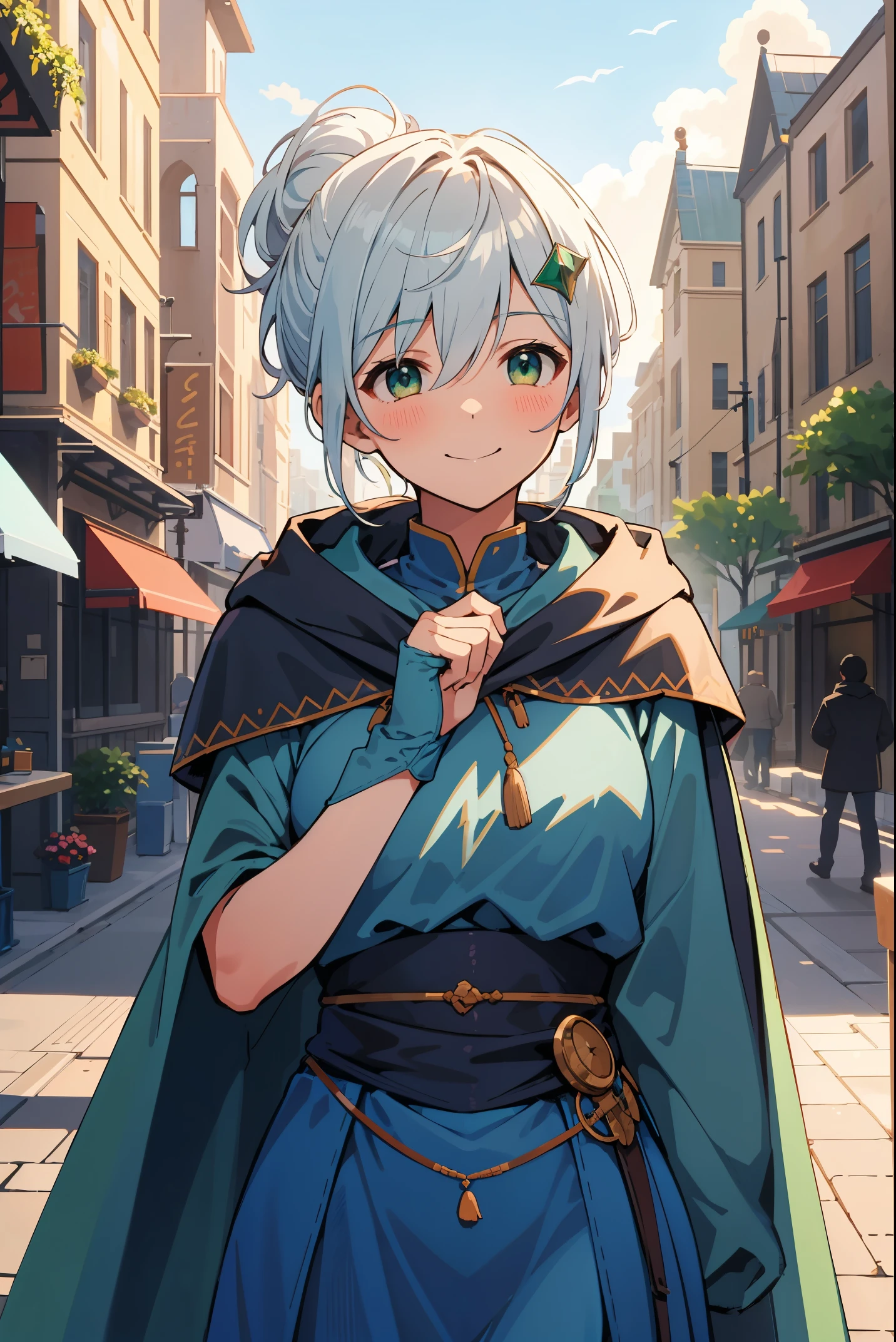 [[[ ultra-detailed, best quality, soft skin, beautiful, 4K]]], portrait, green viridian eyes, white hair with shades of blue, medium hair, hair-up, hair ornament, traveling cloak, medieval city background, smiling, blushing, skinny body, full body