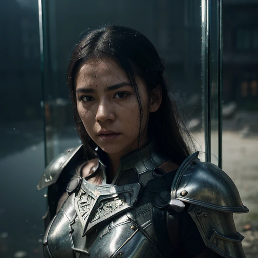 Realistic, 35mm, Intricate detail, hdr, Intricate detail, Ultra detailed, Natural skin texture, Surreal, Sharp, 1 girl, Chinese, Blush, Black eyes, Black smooth hair, Portrait, Solo, half shot, top view, detailed background, detailed face, (1nf3rnalAI, hell theme: 1.1), strong expression, dynamic pose, glass robot, (made of glass: 1.1), translucent, glass structure, warrior, glass Armor, dirty glass, machinery, power, magic symbols, mysterious power, floating particles, reflections, wind, background storm, movie atmosphere,