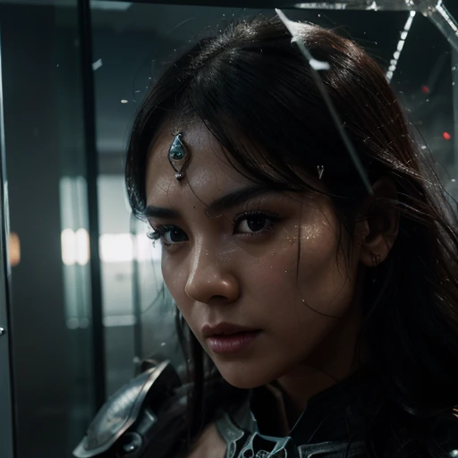 Realistic, 35mm, Intricate detail, hdr, Intricate detail, Ultra detailed, Natural skin texture, Surreal, Sharp, 1 girl, Chinese, Blush, Black eyes, Black smooth hair, Portrait, Solo, half shot, top view, detailed background, detailed face, (1nf3rnalAI, hell theme: 1.1), strong expression, dynamic pose, glass robot, (made of glass: 1.1), translucent, glass structure, warrior, glass Armor, dirty glass, machinery, power, magic symbols, mysterious power, floating particles, reflections, wind, background storm, movie atmosphere,