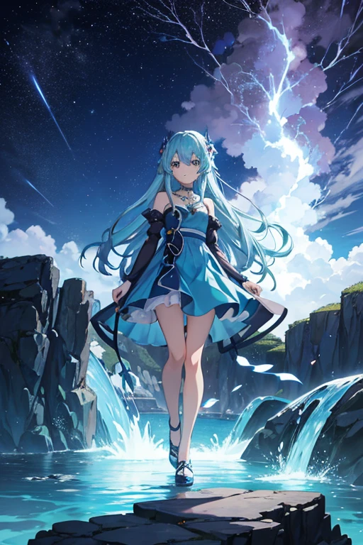 Anime scene of a woman in a blue dress standing on a rocky cliff, reincarnated as a slime, Rimuru storm side photo, Screenshot of the 2012 animation, no game no life, Kuro anime screenshots, Rimuru Storm, Reincarnated Starla Slime Dartacon, 2 0 1 9 animation screenshots