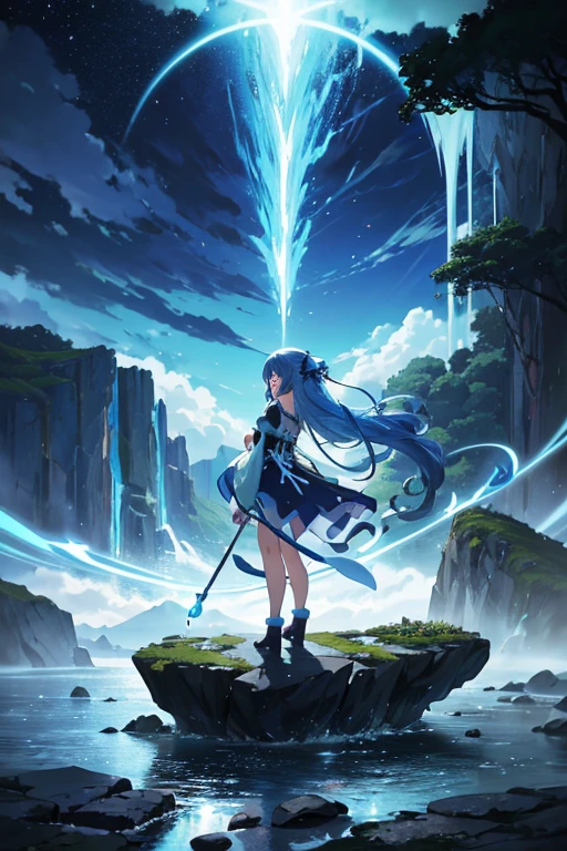 Anime scene of a woman in a blue dress standing on a rocky cliff, reincarnated as a slime, Rimuru storm side photo, Screenshot of the 2012 animation, no game no life, Kuro anime screenshots, Rimuru Storm, Reincarnated Starla Slime Dartacon, 2 0 1 9 animation screenshots