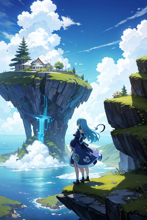 Anime scene of a woman in a blue dress standing on a rocky cliff, reincarnated as a slime, Rimuru storm side photo, Screenshot of the 2012 animation, no game no life, Kuro anime screenshots, Rimuru Storm, Reincarnated Starla Slime Dartacon, 2 0 1 9 animation screenshots