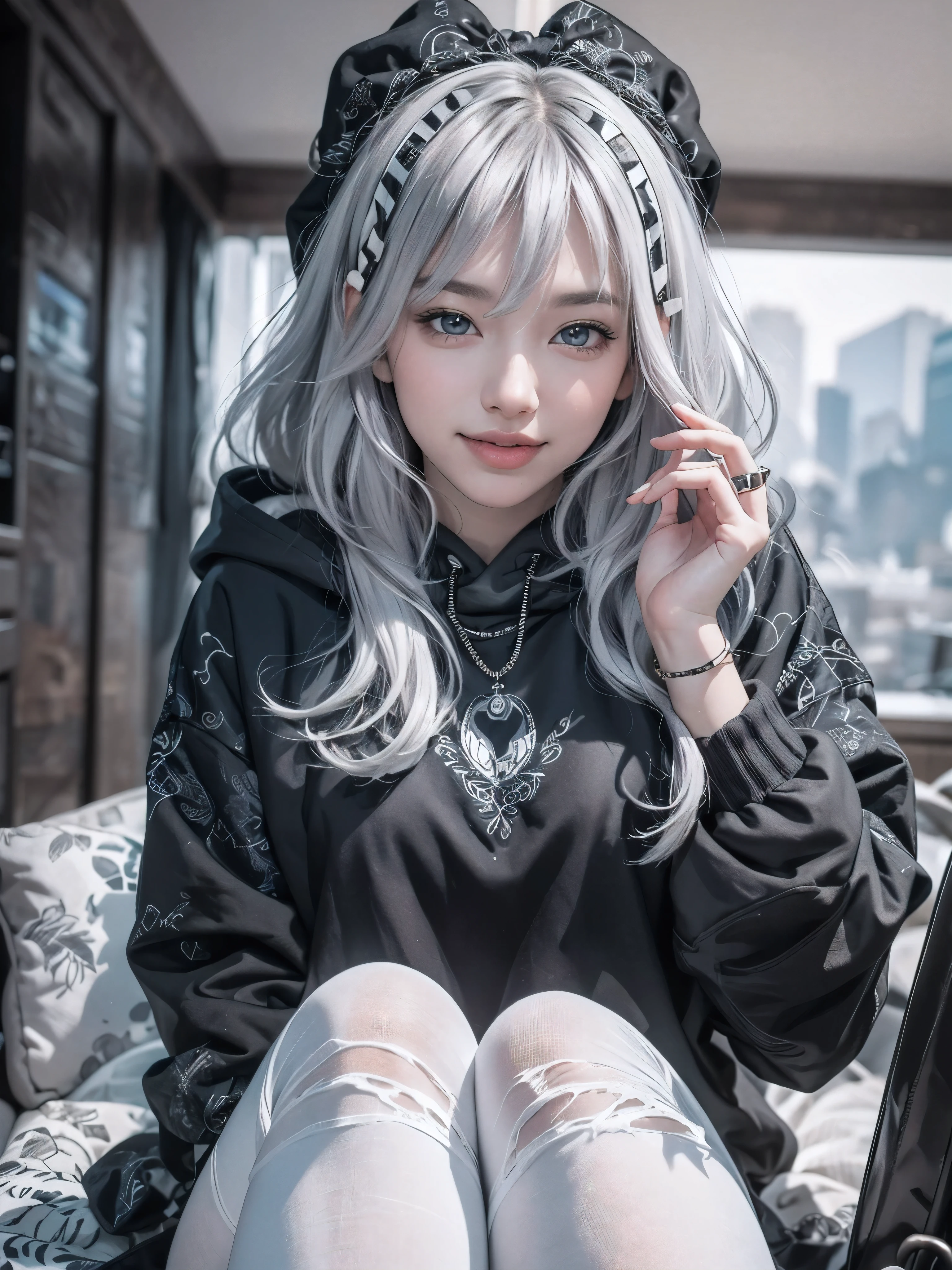 (Realistic:1.8),(Digital art:0.2), (Geometric art),(agpi official art:1.3), (1girl:1.2), Detailed face, Detailed eyes, Detailed hair, young fingers, Detailed fingers, five fingers, BREAK cute ig model, Japanese cute model, 22 years old, Tightened all body, small head, small face, small mouth, diamond Face, small nose, Sharp Faceline, (dropy eyes, Double eyelid, Light color eyes, Glossy eyes, Shiny eyes:1.2), Shiny skin, shiny hair, (gray hair:1.2),
_
BREAK (happy, smile, Teeth, Glossy Lip:1.2),beautiful Teeth, (upper body:1.5), sitting, from front,
_
BREAK (BLACK and White theme:1.4), (close-up emphasizing sweatshirt details:1.2), BREAK (black theme:1.2), (oversized black hoodie with geometric cutouts and patterns:1.2), (white skinny leggings with subtle geometric patterns:1.2),