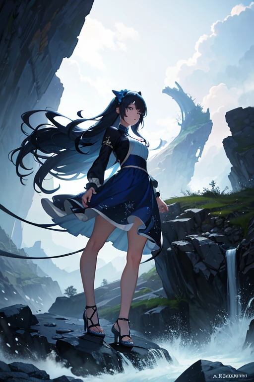 A woman in a blue dress standing on a rocky cliff in an anime scene, reincarnated as a slime, with a side view of the Limuru Storm, a screenshot from the 2012 animation, "No Game No Life," a screenshot of Kuro Anime, the Limuru Storm, reincarnated as Starla Slime Dataken, a screenshot from the 2019 animation.
(best quality,4k,8k,highres,masterpiece:1.2),ultra-detailed,(realistic,photorealistic,photo-realistic:1.37),illustration,sharp focus,physically-based rendering,extreme detail description,professional, vivid colors, bokeh, portraits, landscape, anime style, vibrant colors, natural lighting.