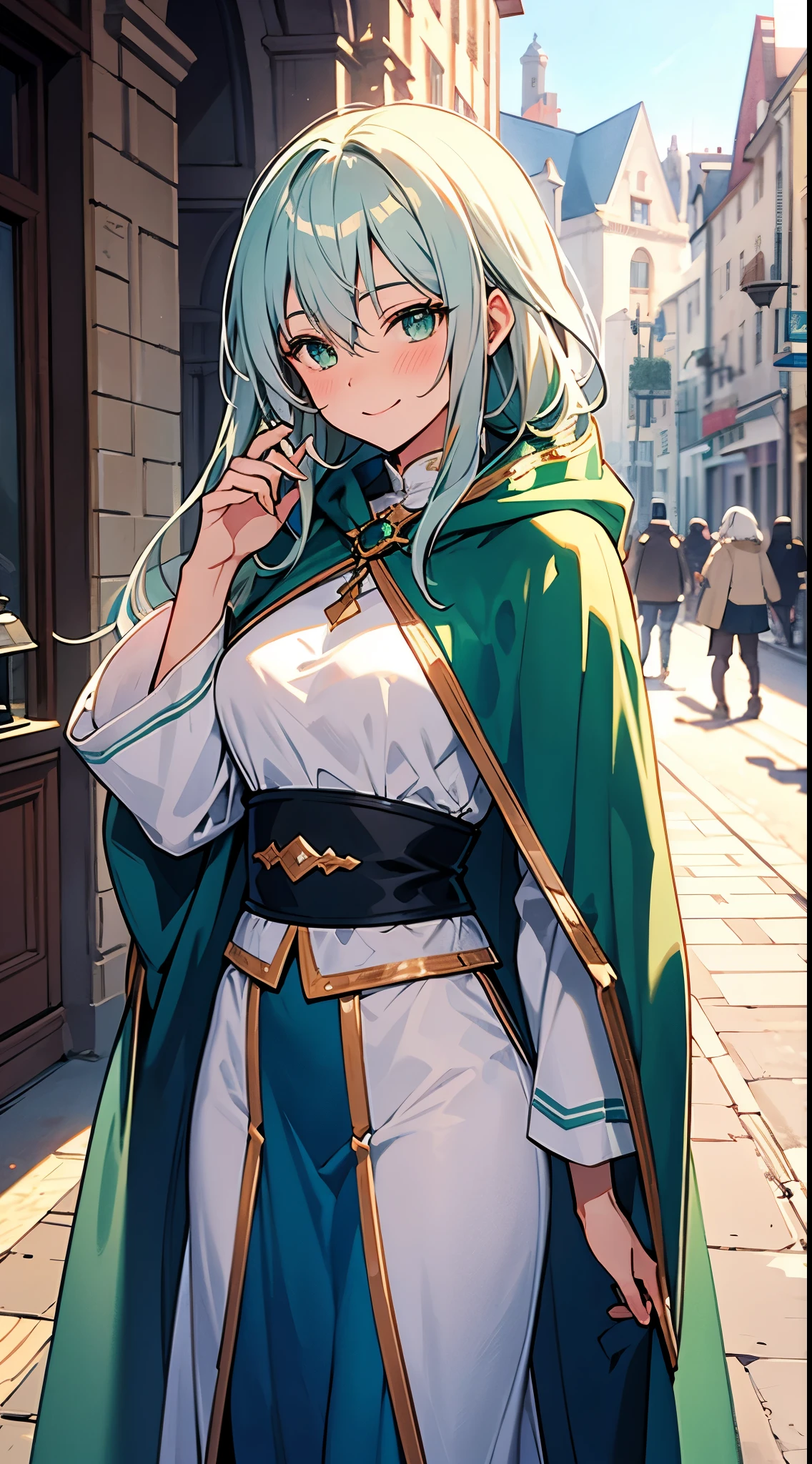 [[[ ultra-detailed, best quality, soft skin, beautiful]]], portrait, green viridian eyes, white hair with shades of blue, mage cloak, medieval city background, smiling, blushing, skinny body, full body