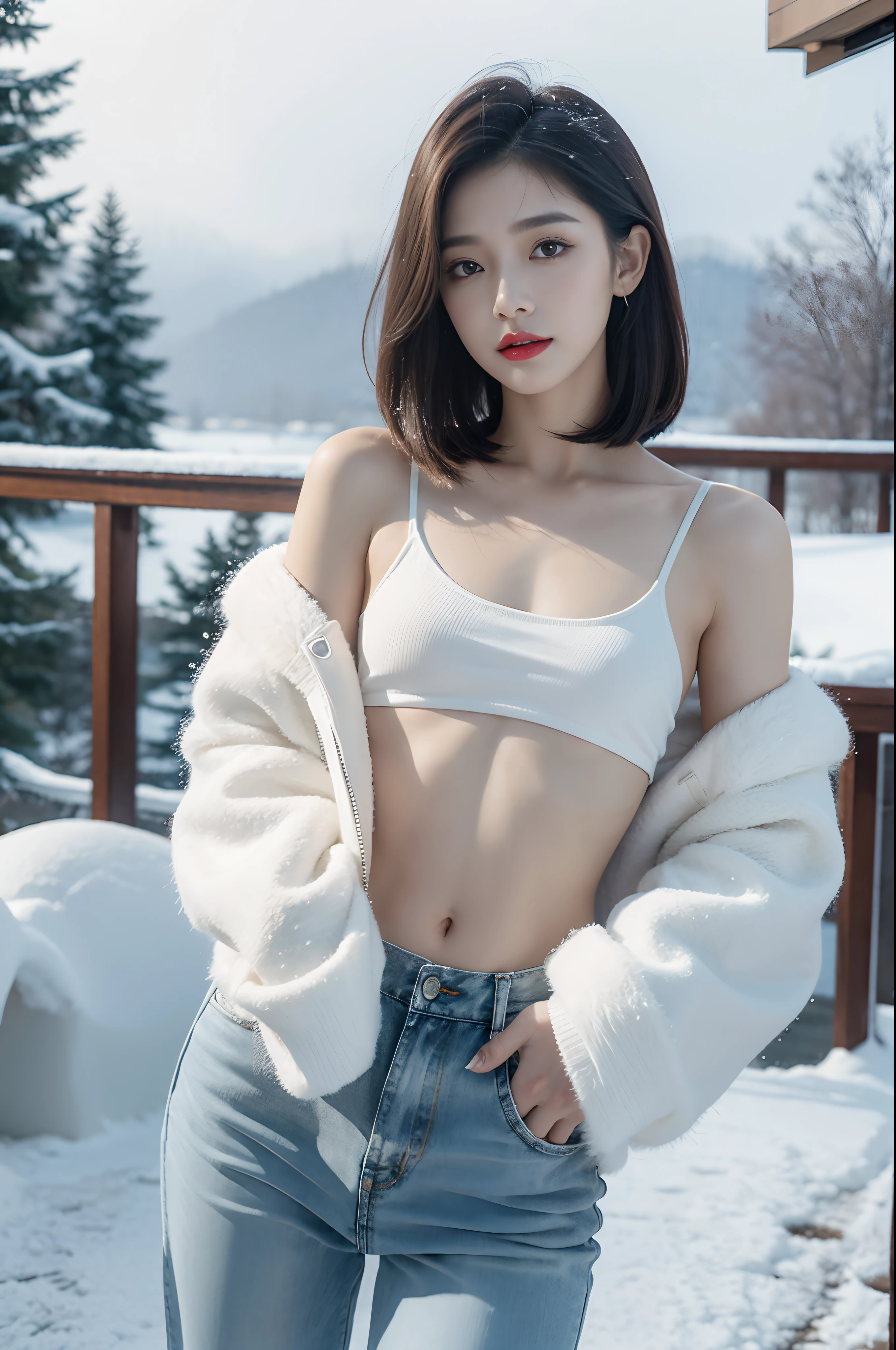 Best quality at best, 4K, 8K, Detailed faces, Clear face, a pretty girl, Korean makeup, Redlip,laughingly, perfect bodies,Shoulder length straight bob hair,little breast,upper legs,Slim,thin, Girl wearing a large white mink coat, Inside the coat is a white sweater and jeans, snow landscape, Winters, trpical garden,Smoggy weather,Rime,Cloudy