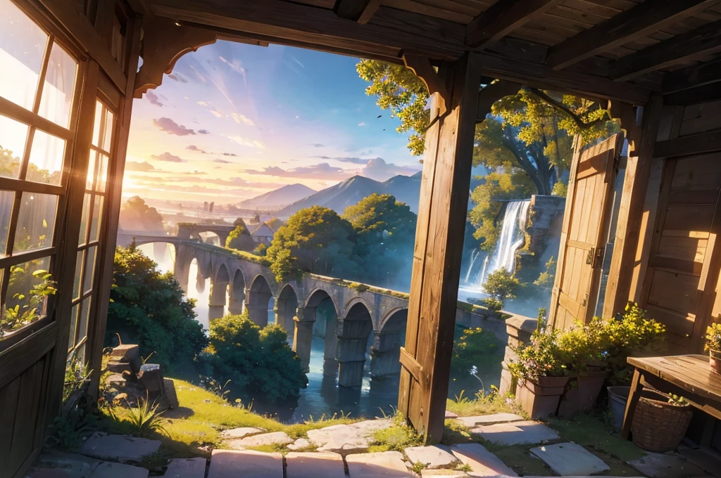 masterpiece, best quality,ultra-detailed, fine detailed, 8k, scenery, landscape, no humans, wide shot, breathtaking sights, Spectacular views, twilight sky, Dawn sky, Sunrise sky, the morning sun, Blue Hour, the golden hour, early morning, great forest, unexplored region, inside greenhouse with decoration, inside Intricate European Bird Cage, ancient bridge, flower garden, ruins, forest, waterfall, nature, ray tracing, refraction, cinematic lighting, fisheye lens, tyndall effect