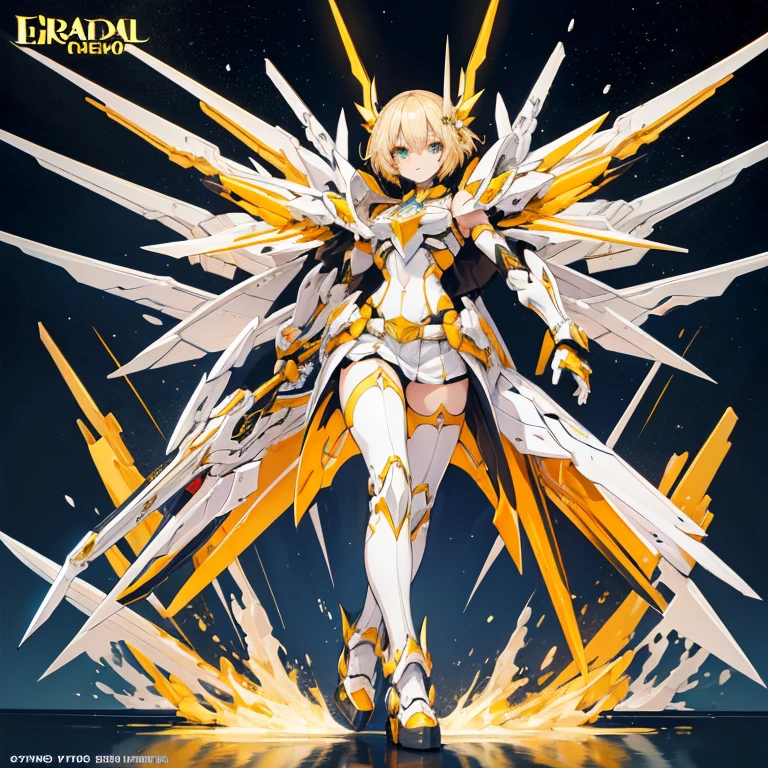 Chica con mental en su cuerpo cabello largo blanco y ojos dorado con 12 colas que sale destra de su espada estilo anime, mecha, fantacia.