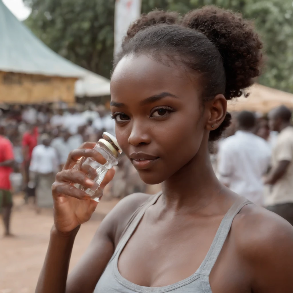 ((Dark African skin, Very deep ebony skin)), ((Its beauty undeniable)), ((Excited cute face)), ((Hyper detailed perfect eyeploring pose)), ((Language output)), ((travelling)), ((Tight t-shirt, shorts)), ((Afro ponytail with long African curly hair)), ((skin)), ((standing, back view)), ((touching her face in a sexy pose)), ((outside, market, public city, Nairobi, kenya)), Sharp Focus CGI, photoreallistic, High detail, Realistic, Masterpiece, absurd, Best quality, Hdr, High quality, high-definition, Extremely detailed, 8k wallpaper, Intricate details, 8K UHD, Full-HD, (photo realist:1.2), contrast, intense illumination, lighting cinematic, natural lighting, veilleuse, Nuit, Illumination globale, city walk, Nairobi, Kenya, Uhuru park, a la piscine African women、Female sexy、serious face, people in background, holding water bottle in hand, wink left eye