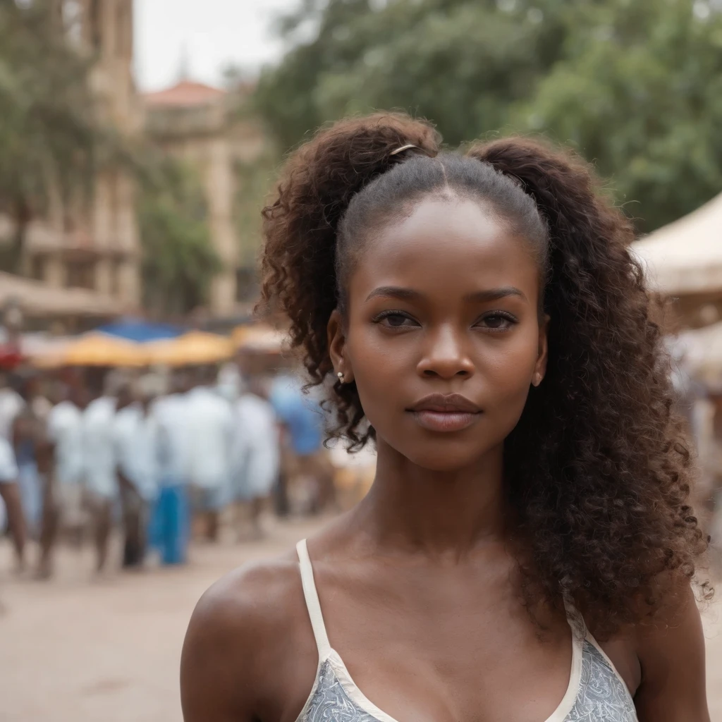 ((Dark African skin, Very deep ebony skin)), ((Its beauty undeniable)), ((Excited cute face)), ((Hyper detailed perfect eyeploring pose)), ((Language output)), ((travelling)), ((Tight t-shirt, shorts)), ((Afro ponytail with long African curly hair)), ((skin)), ((standing, back view)), ((touching her face in a sexy pose)), ((outside, market, public city, Nairobi, kenya)), Sharp Focus CGI, photoreallistic, High detail, Realistic, Masterpiece, absurd, Best quality, Hdr, High quality, high-definition, Extremely detailed, 8k wallpaper, Intricate details, 8K UHD, Full-HD, (photo realist:1.2), contrast, intense illumination, lighting cinematic, natural lighting, veilleuse, Nuit, Illumination globale, city walk, Nairobi, Kenya, Uhuru park, a la piscine African women、Female sexy、serious face, people in background, holding water bottle in hand, wink left eye