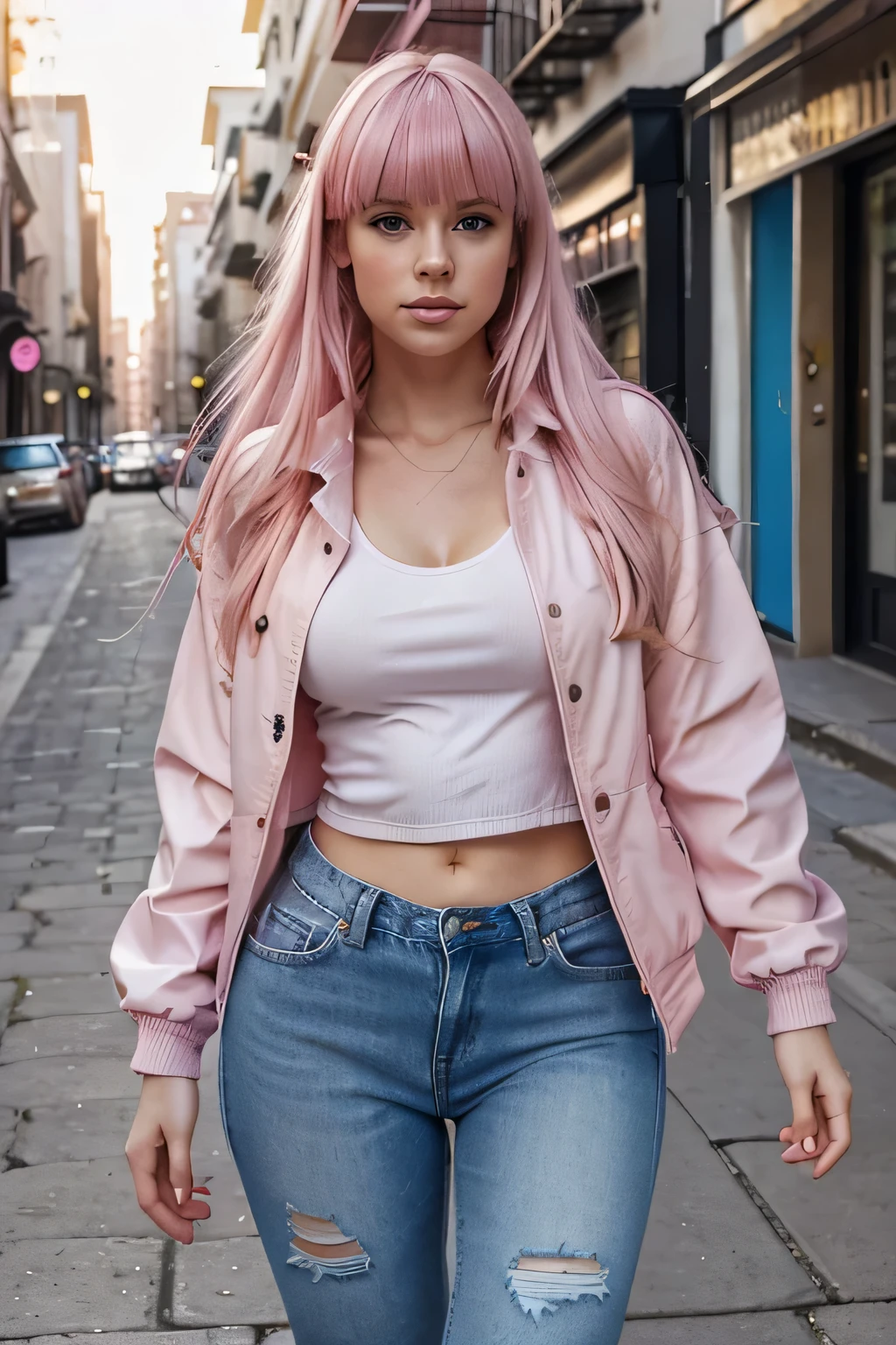 erstelle mir ein weibliches Model, Beautiful, pinke Haare, eine authentische Art, light jeans and a white body with pink jacket 12 photos