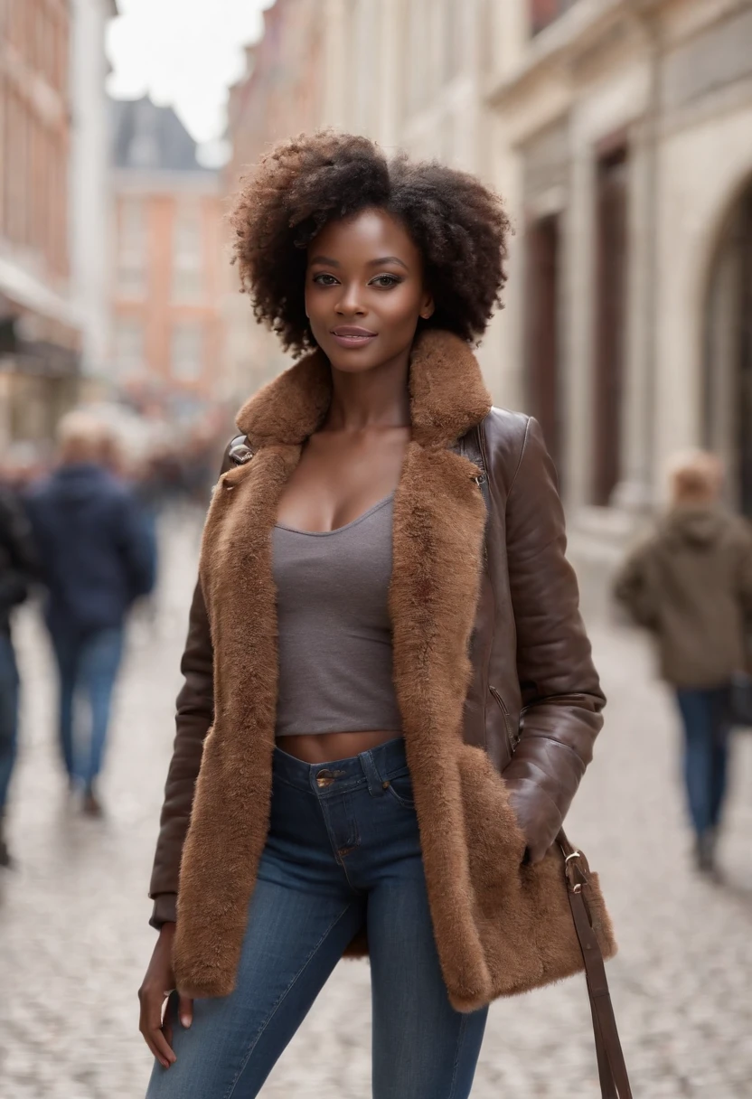((Dark African skin, Very deep ebony skin)), ((Its beauty is undeniable)), ((Excited cute face)), ((Hyper detailed perfect eyes,)), ((shopping pose)), ((Langue sortie)), ((serioueige warm winterjacket, jeans)), ((Afro African long curly,)), ((debout, vue de face)), ((visage souriante)), ((toucher ses propres jambes dans une pose sexy)), ((dehors, Ville publique en The Hague, passage)), ((d'origine malienne)), Sharp Focus CGI, photoreallistic, High detail, Realstic, Masterpiece, absurdes, Best quality, Hdr, High quality, high-definition, Extremely detailed, 8k wallpaper, Intricate details, 8K UHD, Full-HD, (photo realist:1.2), contraste, intense illumination, lighting cinematic, natural lighting, hard light, contre-jour, Illumination globale, occlusion ambiante