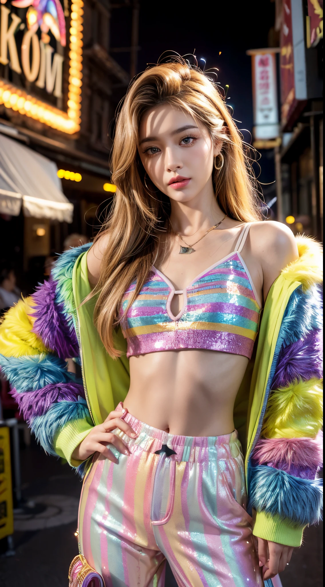 (Ultra-detailed eyes), (((textile shading))), (((Best Quality))), (((masutepiece))), (((Ultra-detailed CG))), sassy girl, (((magical little girl))), (Petite), (tiny chest), blonde brown hair, blonde brown hair, blonde brown hair, pin up emo, ((wolfcut medium hair, gorgeous hair)), Pink eyes, (((retro style, rainbow stripped faux fur jacket as outer, very glitter crop top, the flame flares trouser, y2k))), ((striking a pose)), (((Game CG)) (gorgeous, sassy, it girl), fancy jewelry, full led on background, sparkling led on background, retro light, spooky vibe, haunted house on background, a lot of spider, light retro led, magic disco light led, strong 80s atmosphere, cowboy shot, midshot, centered image, eye on camera, front look
