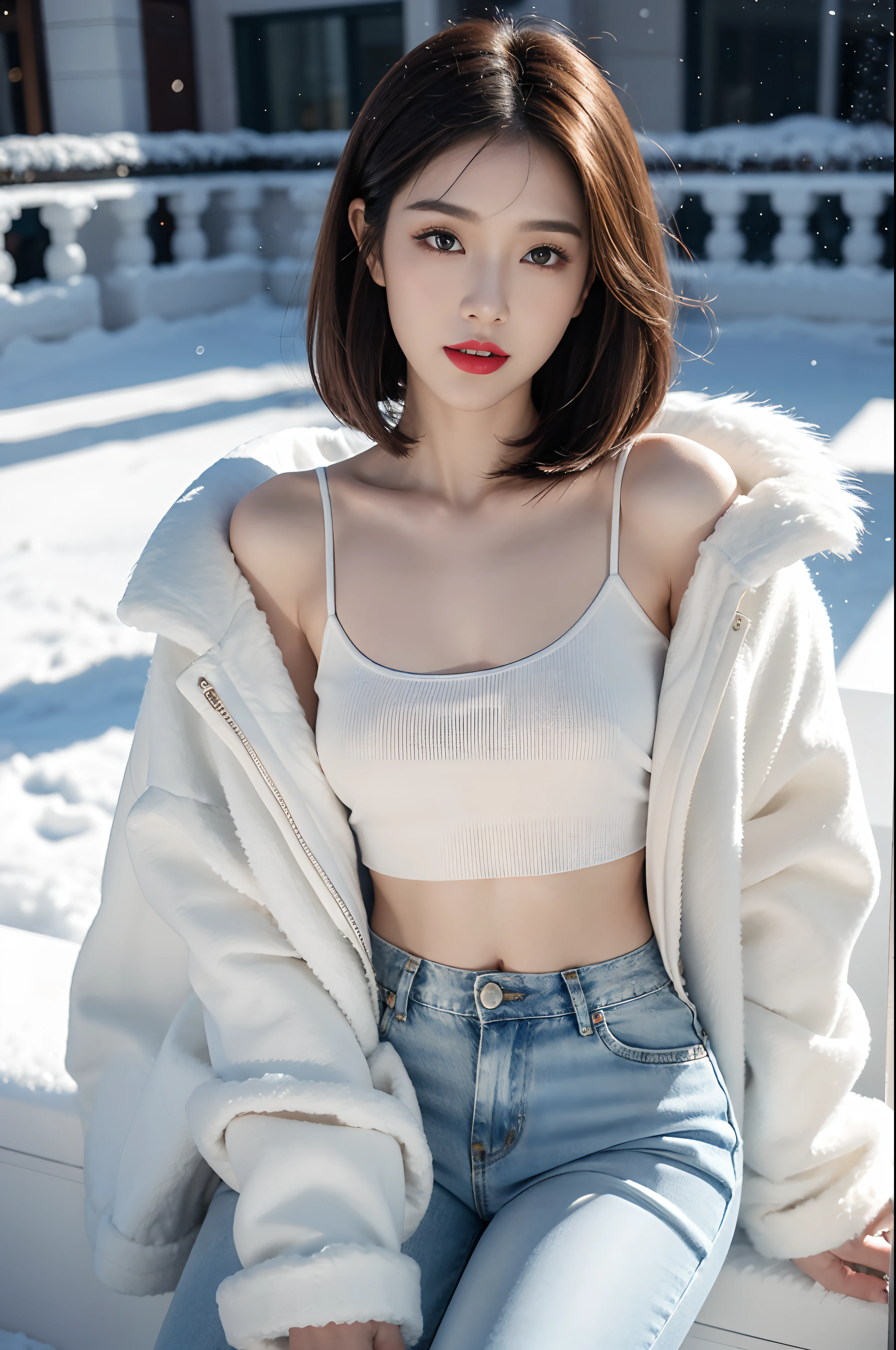 Best quality at best, 4K, 8K, Detailed faces, Clear face, a pretty girl, Korean makeup, Redlip,laughingly, perfect bodies,Shoulder length straight bob hair,little breast,upper legs,Slim,thin, Girl wearing a large white mink coat, Underneath the jacket is a white sweater and denim, snow landscape, Winters, trpical garden,