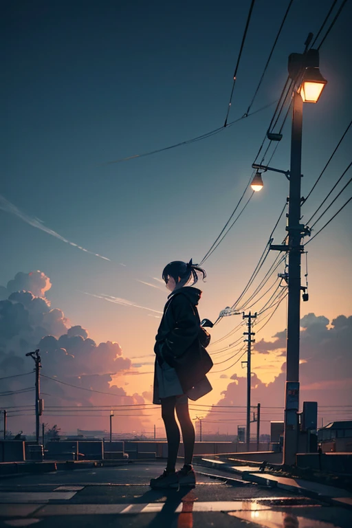 The prompt for the given theme could be:

"A night sky with clouds, electric wires, and streetlights, anime-inspired background, dark ambiance, anime clouds, moonlit cloudscape, anime sky, magical cloudy background, backdrop of (dark _ smoky), cloudy night, anime opening scene, random background setting, beautiful floating clouds. Japanese cartoon, atmospheric anime, completely dark background, against a clear night sky."

Remember to adjust the strength of keywords if needed using () and [].