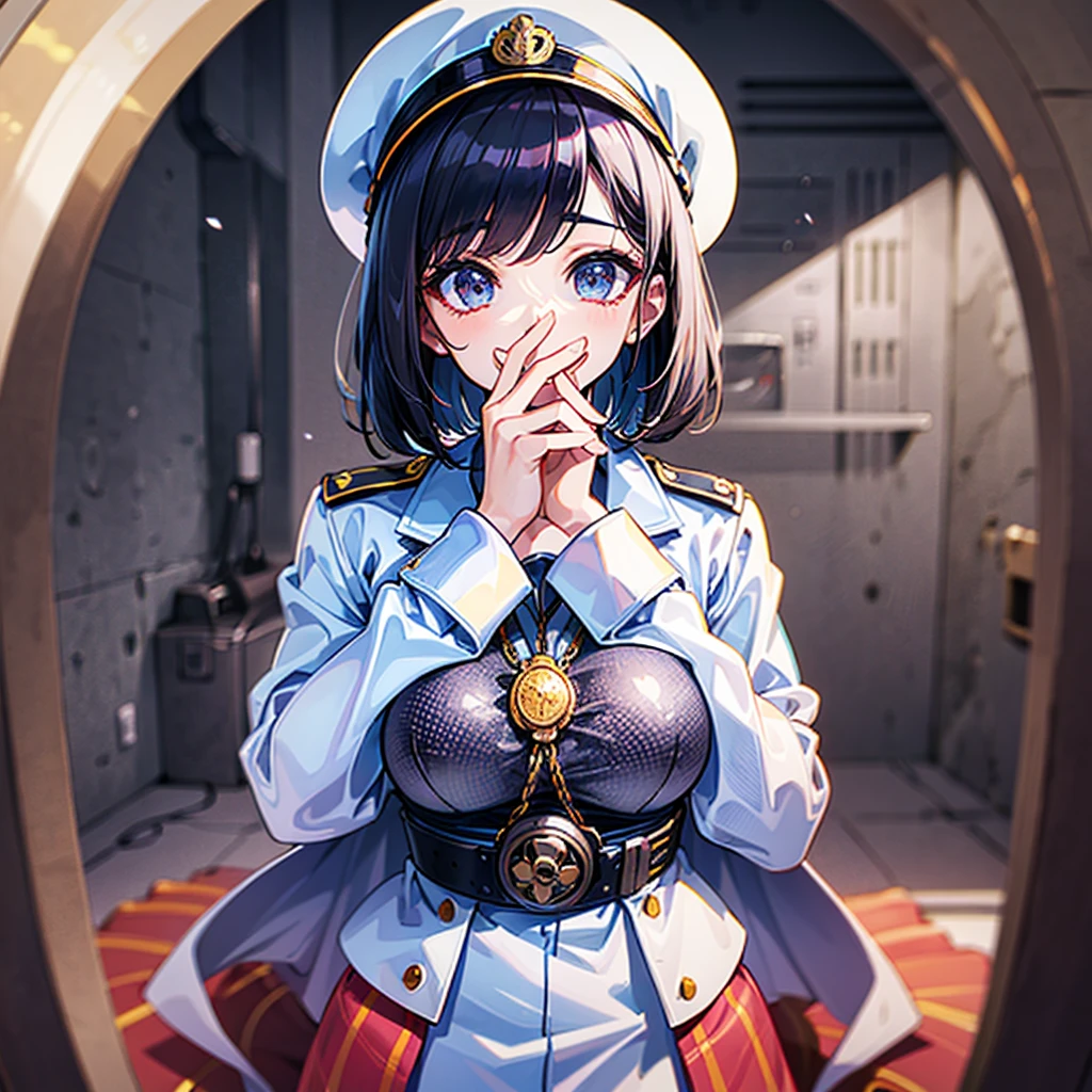 (((masterpiece)))、(((Top image quality)))、(((top-quality)))、((highly detailed unity 8kwall-paper))、(Illustration of one woman)、30-years old、(Viceroy)、Black hair bob cut、(((Gas mask covering the mouth)))、Gray eyes、((Tall))、((huge tit))、((Military uniforms))、((Military Cap))、((Military coat))、(white clothes)、(White pants)、(White cap)、trench coat、(((Inside the spaceship)))