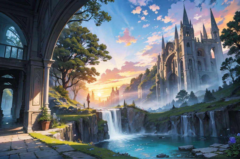 masterpiece, best quality,ultra-detailed, fine detailed, 8k, scenery, landscape, no humans, wide shot, breathtaking sights, Spectacular views, twilight sky, Dawn sky, Sunrise sky, the morning sun, Blue Hour, the golden hour, early morning, great forest, unexplored region, inside greenhouse with decoration, inside Intricate European Bird Cage, ancient bridge, flower garden, ruins, forest, waterfall, nature, ray tracing, refraction, cinematic lighting, fisheye lens, tyndall effect