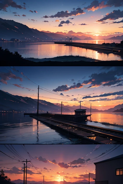 (best quality,4k,8k,highres,masterpiece:1.2),ultra-detailed,(realistic,photorealistic,photo-realistic:1.37),sunset,train on the tracks,sky background,anime sky,anime clouds,anime background,dawn background,nighttime,wide-angle lens,dusk sunset background,atmospheric anime,dusk sky,anime atmospheric,cloudy sunset,beautiful dusk,random background scene,anime movie background,wide-angle static shot,close-up static shot,sky setting,dusk sky,cloudy night