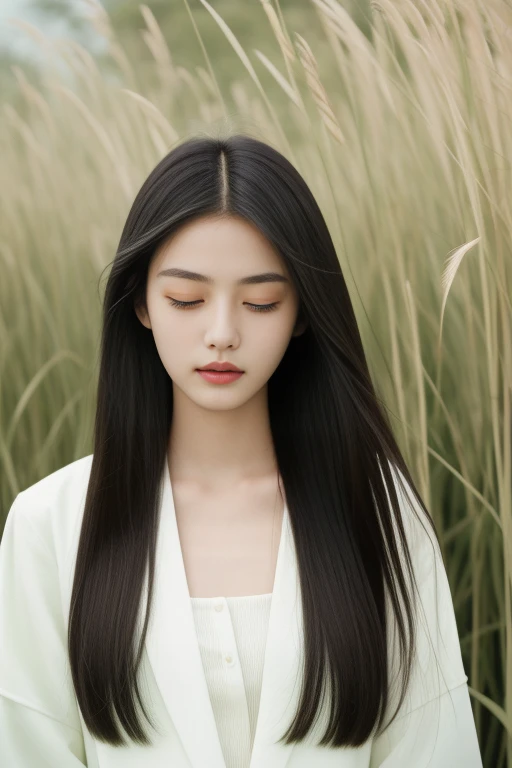 18-year-old girl,sportrait,With his eyes closed,prette,incomparable beauty,being thin,blanche,calm countenance,Intoxicated expression,Green reeds taller than people,There is wind,