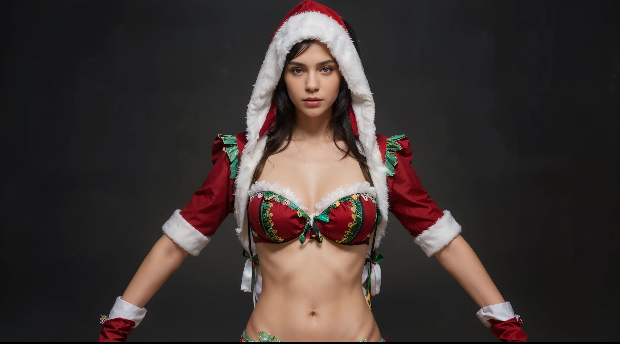 (masterpiece),(best quality:1.0),(ultra highres:1.0),closeup,1 girl,detailed beautiful, sexy girl, face focus, tomboy, skinny, christmas lingerie, black body, russian face,black hair, wallpaper 8k, (white colorful hair), beautiful woman, makeup, full body