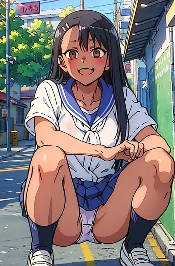 (top-quality:1.4、​masterpiece:1.4)、(nagatoro hayase:1.5、friendly gal、1girl in)、(Angle from the front、A dark-haired:1.6、Show me your pants)、grin、Realistic white panties:1.6、Panty seams、pantyshot、Panty crotch、Panchira、Opening legs、