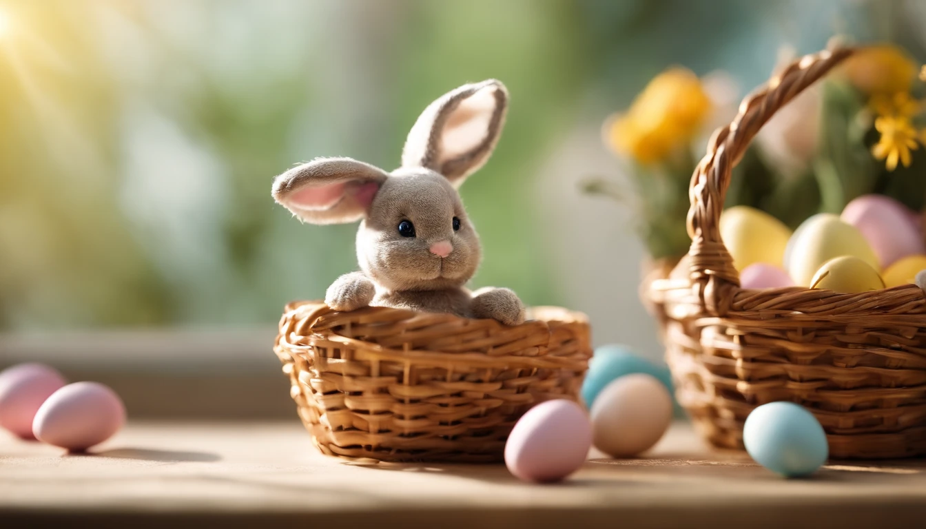 a whimsical shot of a bunny figurine surrounded by Easter eggs in a basket, with soft focus and bokeh lights in the background, creating a playful and enchanting Easter scene