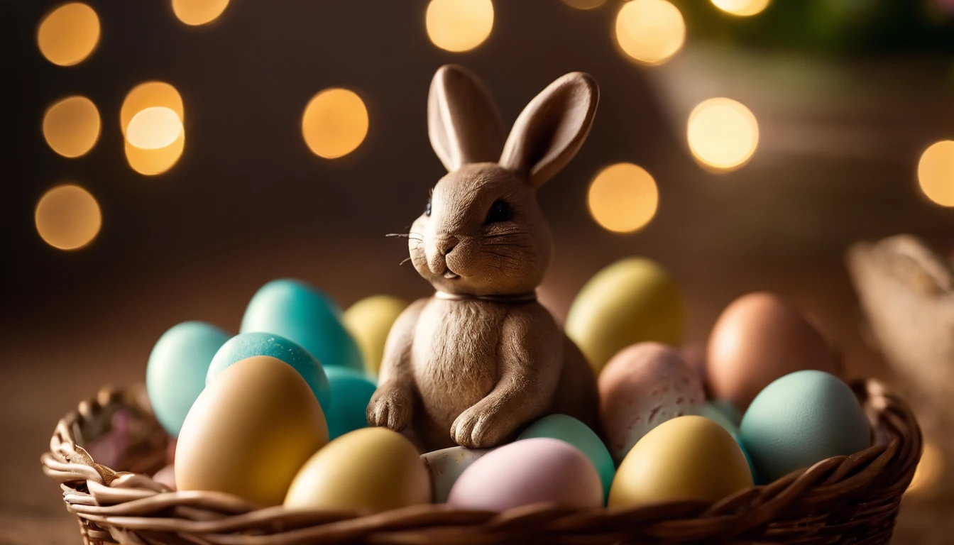 a whimsical shot of a bunny figurine surrounded by Easter eggs in a basket, with soft focus and bokeh lights in the background, creating a playful and enchanting Easter scene