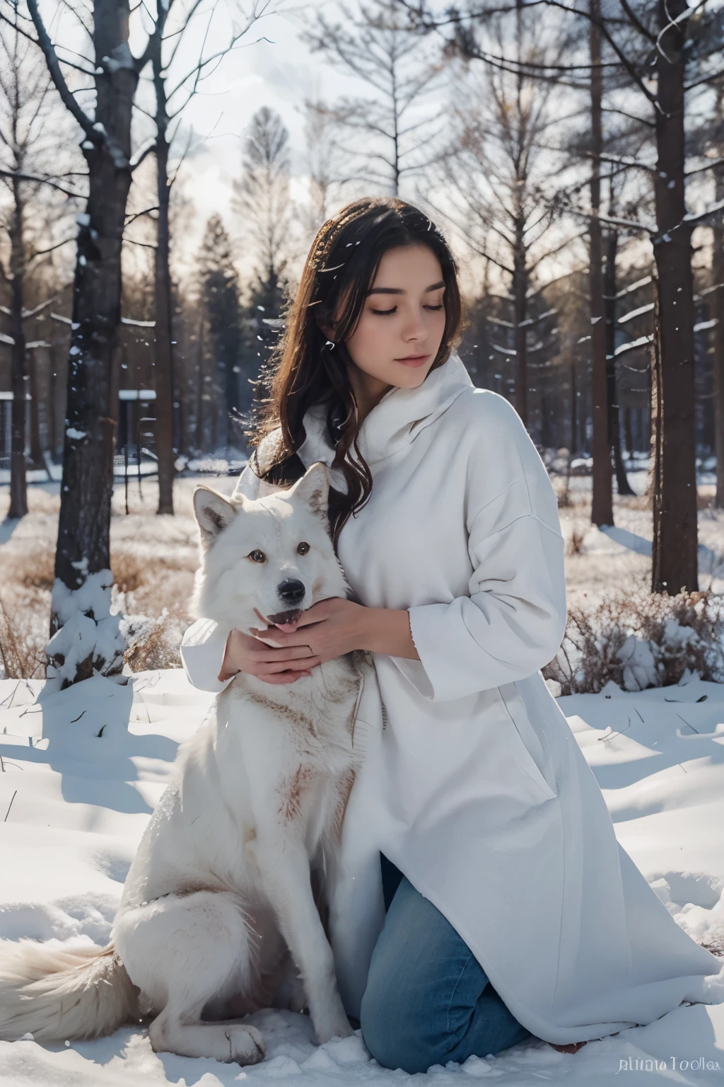 A white wolf and a beautiful girl in a serene winter forest, snowflakes gently falling, soft moonlight casting a magical glow on their faces, conveying a sense of ethereal connection and companionship, Illustration, watercolor painting,