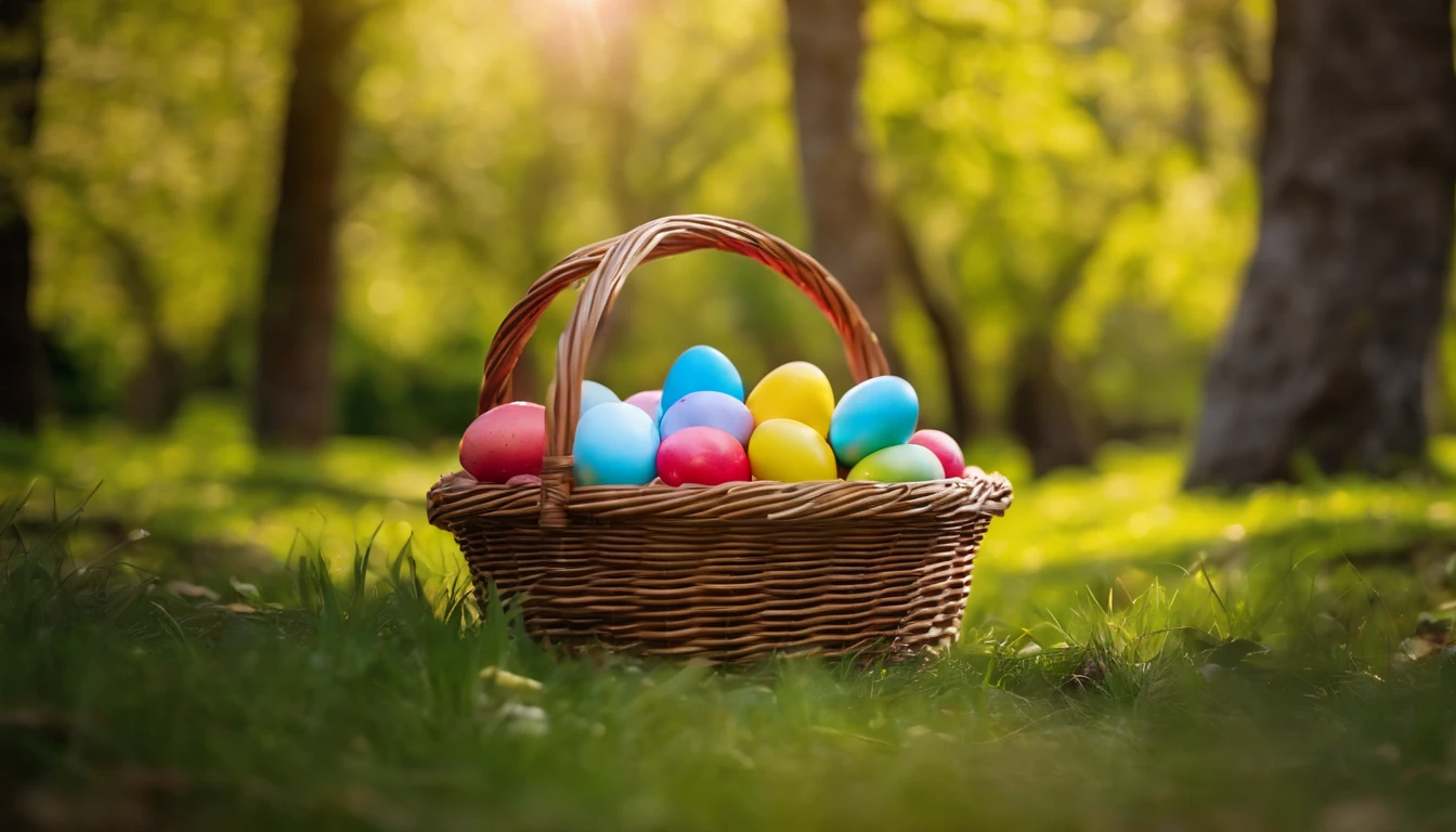 a peaceful shot of a basket filled with Easter eggs, placed on a blanket in a serene garden setting, with dappled sunlight filtering through the trees, creating a tranquil and idyllic Easter backdrop