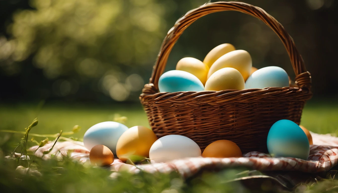 a peaceful shot of a basket filled with Easter eggs, placed on a blanket in a serene garden setting, with dappled sunlight filtering through the trees, creating a tranquil and idyllic Easter backdrop
