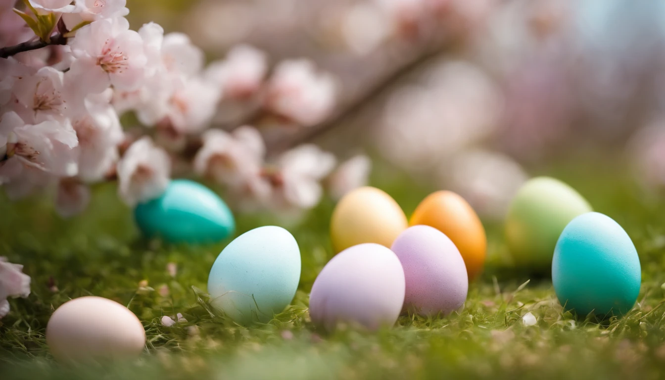 a creative shot of Easter eggs arranged in a gradient pattern, with different shades of pastel colors against a backdrop of spring blossoms, representing the vibrancy of the season