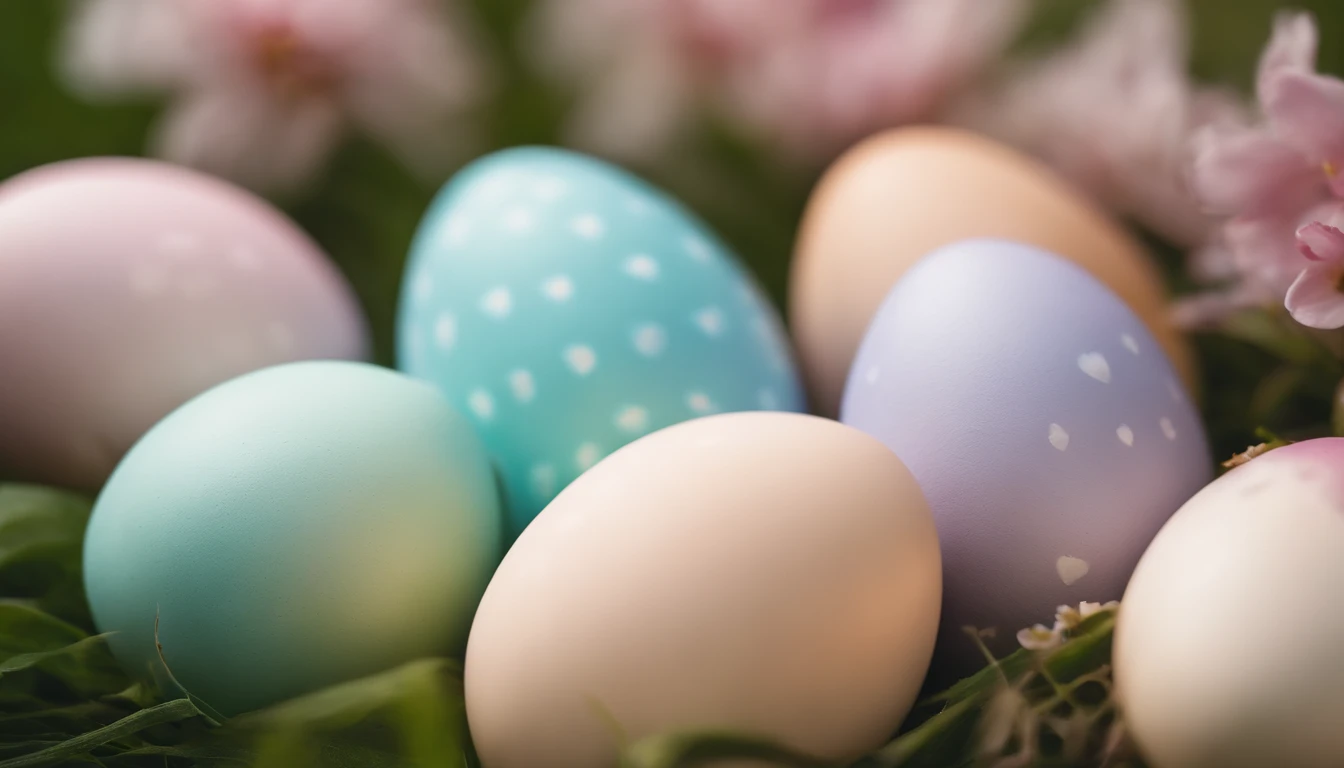 a creative shot of Easter eggs arranged in a gradient pattern, with different shades of pastel colors against a backdrop of spring blossoms, representing the vibrancy of the season