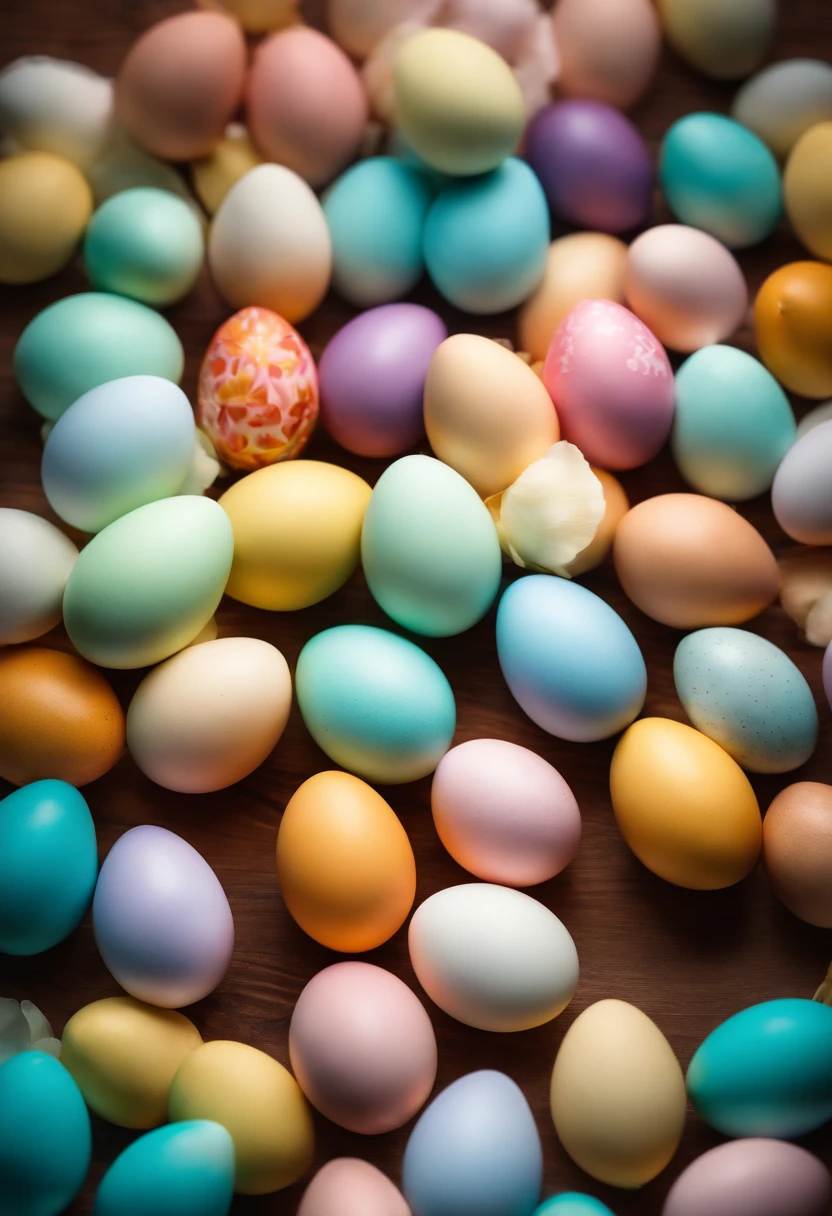 a creative shot of Easter eggs arranged in a gradient pattern, with different shades of pastel colors against a backdrop of spring blossoms, representing the vibrancy of the season