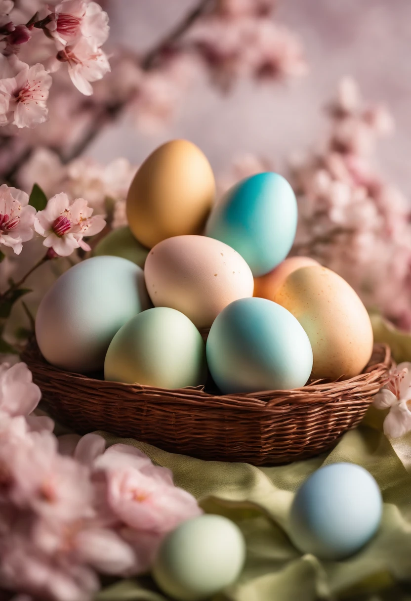 a creative shot of Easter eggs arranged in a gradient pattern, with different shades of pastel colors against a backdrop of spring blossoms, representing the vibrancy of the season