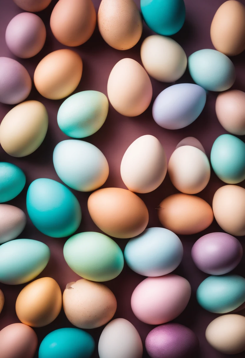 a creative shot of Easter eggs arranged in a gradient pattern, with different shades of pastel colors against a backdrop of spring blossoms, representing the vibrancy of the season