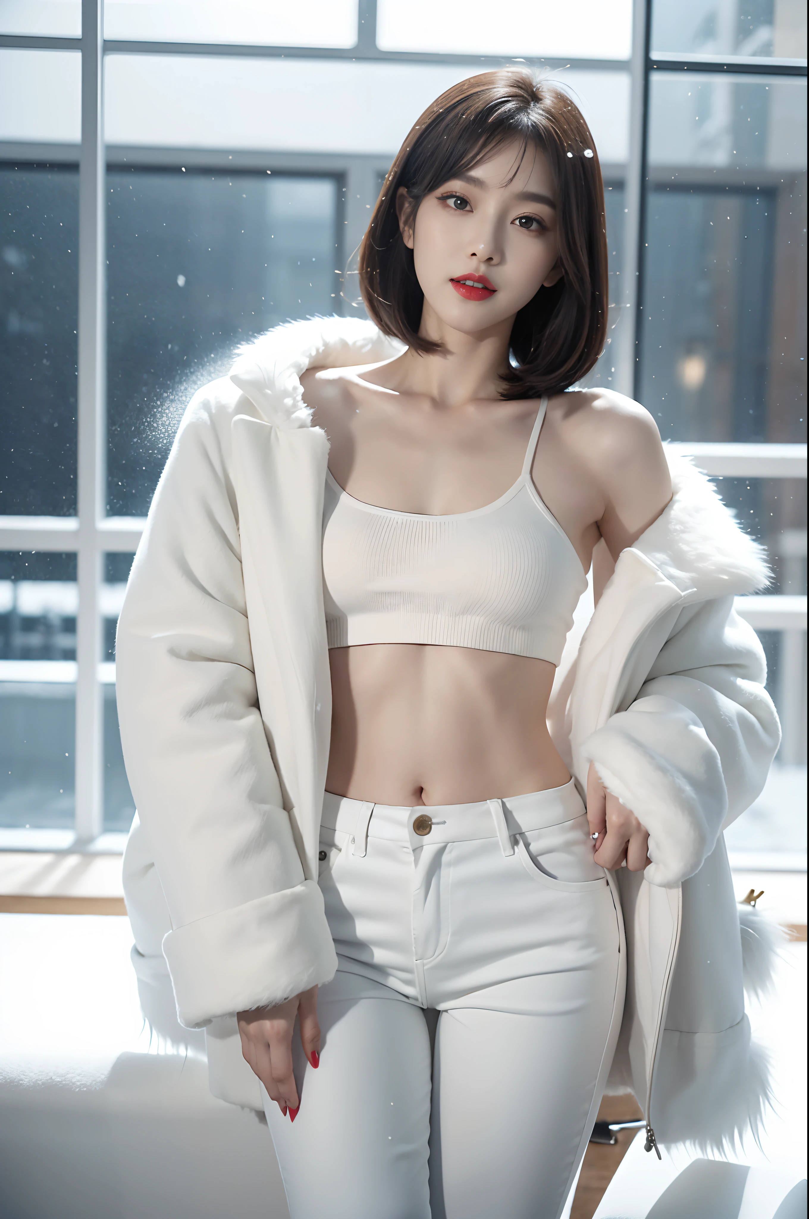 Best quality at best, 4K, 8K, Detailed faces, Clear face, a pretty girl, Korean makeup, Redlip,laughingly, perfect bodies,Shoulder length straight bob hair,little breast,upper legs,Slim,thin, Girl wearing a large white mink coat, Underneath the coat is a white sweater and leggings, snow landscape, Winters, Snow Country