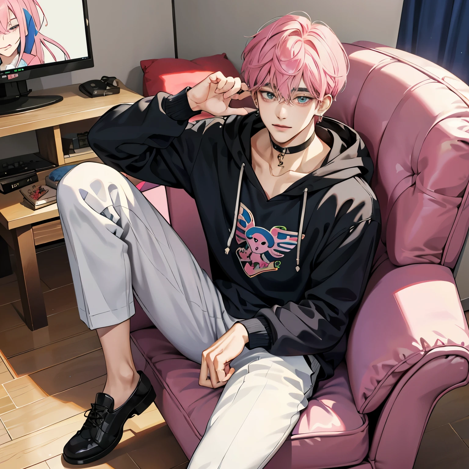 Guviz-style artwork, made with anime painter studio, anime realismスタイル, Realistic anime art style, painted in anime painter studio, Inspired by Kim Taehyung, In an anime style, anime handsome guy, Inspired by Kim Taehyung, anime realism、Pink hair、A smile、a choker、Multiple piercings、Man with short hair、Male one、Inspired by Kim Taehyung、bustup、hoody、living room、Sitting on a chair