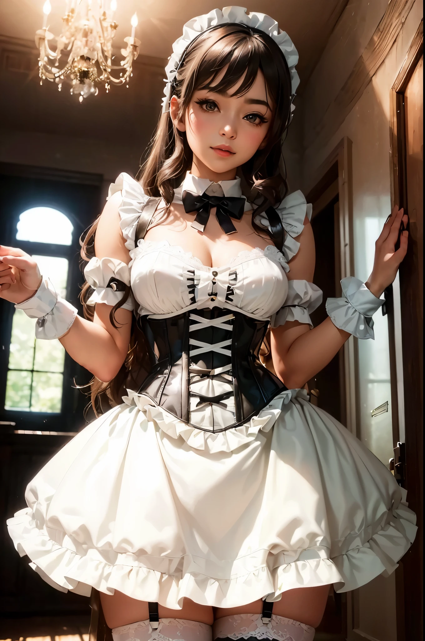 generate a beautifull maid wearing french maid outfit with corset, puffy shoulders and thong, showing thighs and crotch, stocking and high heels, she is inside luxury house holding silver tray, cowboy shoot, 8k,, masterpiece, detail, 8k, masterpiece, best quality:1.2),,(8k,highres,RAW photo,realistic,photo-realistic:1.3),(detailed skin texture,detailed cloth texture,beautiful detailed face:1.25),professional lighting,photon mapping,beautiful soft light,radiosity,physically-based rendering,raytracing, model shoot style, model shoot style, (extremely detailed CG unity 8k wallpaper), full shot body photo of the most beautiful artwork in the world,
