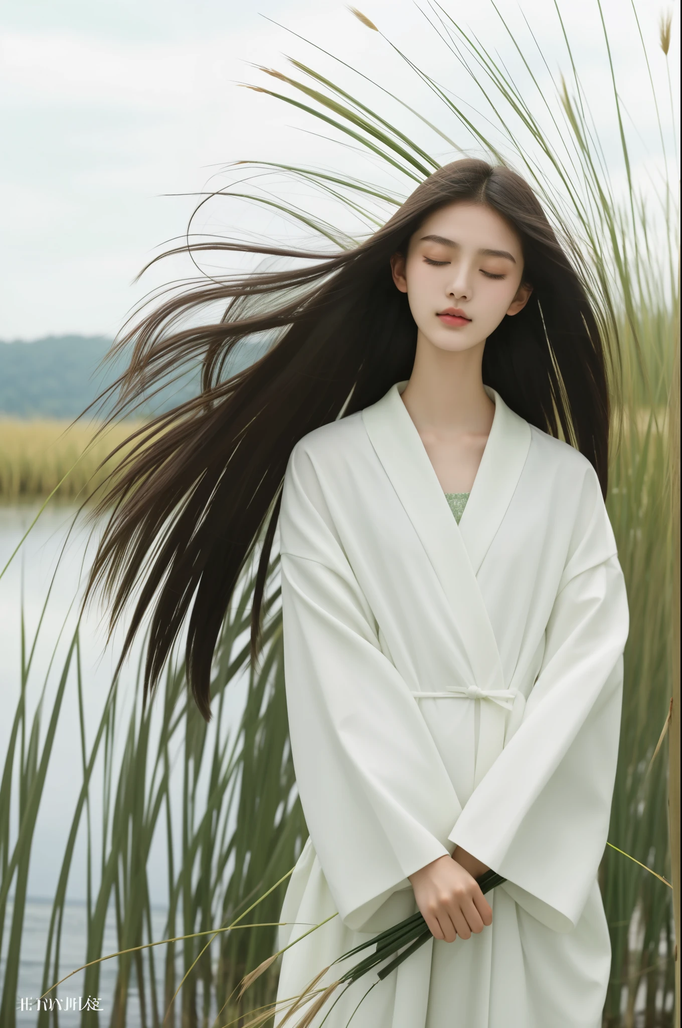 18-year-old girl，sportrait，sideface，With his eyes closed，prette，incomparable beauty，being thin，blanche，calm countenance，Intoxicated expression，Green reeds taller than people，There is wind，
