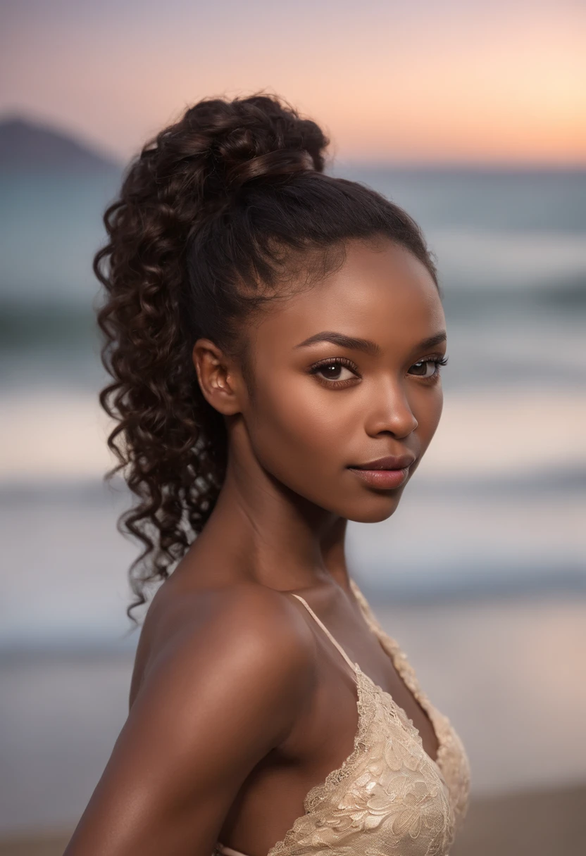 ((Dark African skin, Very deep ebony skin)), ((Its beauty is undeniable)), ((Excited cute face)), ((Full Body, naked)), ((Ultra-detailed perfect eyes)), ((Seductive )), sexy, ((African long curly African ponytail)), ((dehors, Villes publiques)), Sharp Focus CGI, photoreallistic, High detail, Realstic, Masterpiece, absurderes, Best quality, Hdr, High quality, K HD, Extremely detailed, 8k wallpaper, Intricate details, 8K UHD, Full-HD, (photo realist:1.2), contraste, Dazzling lights, lighting cinematic, natural lighting, hard light, Backlit lighting, Illumination globale, Occlusion environmental nsfw, full body picture, sitting on a beach