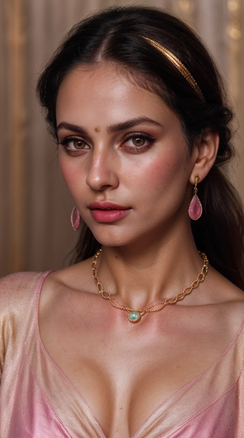 Salwar Kameez golden color, (RAW photo, realism: 1.8), (very dark pink lip gloss, jet dark pink lipstick, realistic eyelashes, dark brown eye shadow, shy, blushing, high quality, high resolution, depth of field, chromatic aberration, caustic, wide light, natural colors, 30 year old woman), necklaces, chokers, earrings, bracelets, wear delicate accessories, soft skin fair pink skin, small breasts size, oily shine skin, slime nose soft skin, wears small golden nose pin,