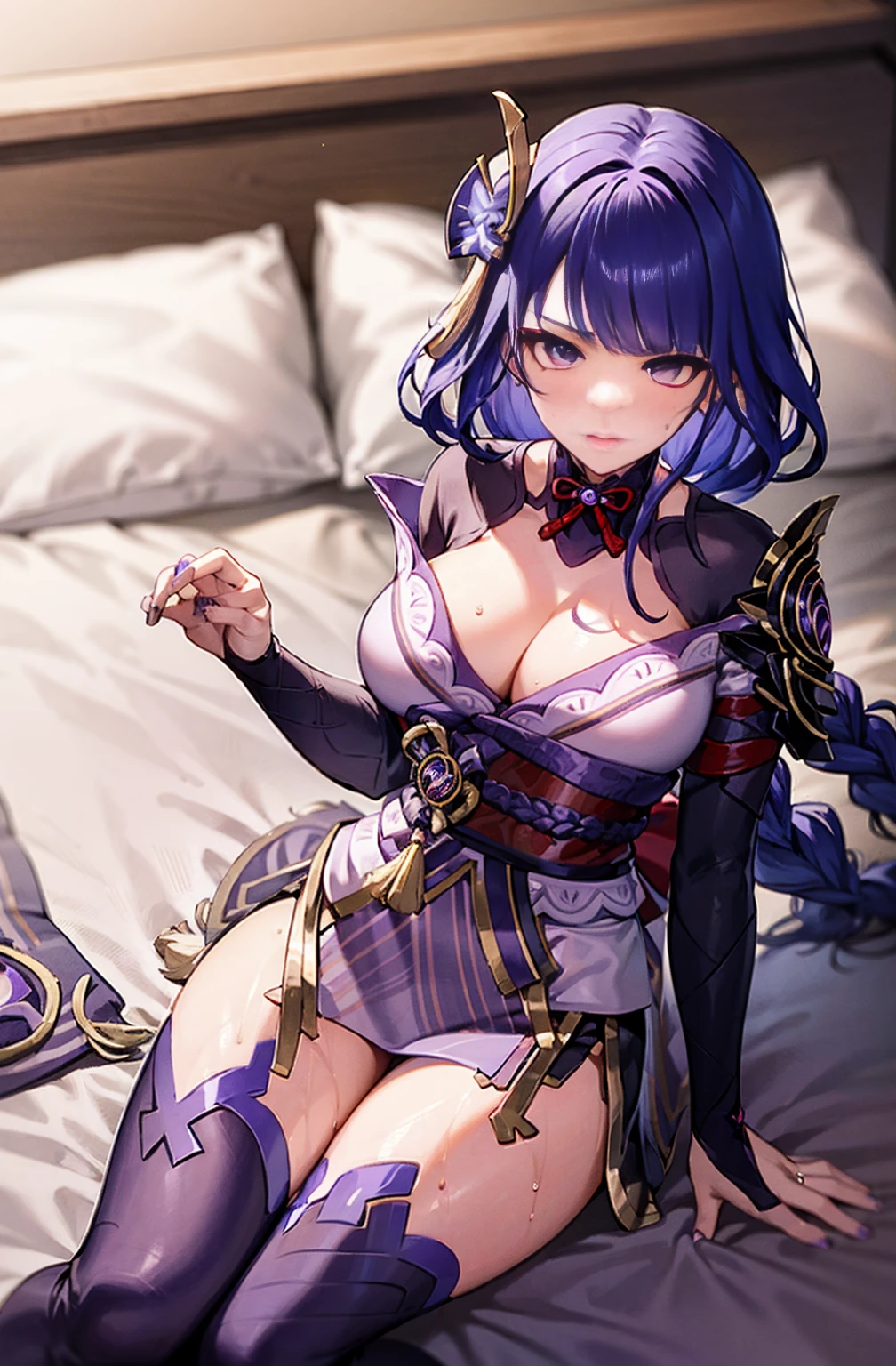 Genshin Impact impact,Genshin Impact,rails,Raiden general,Ray Movie,Common,komono,large- titsjob,Fascinating,A sexy for,,I am,Purple colored hair,on top of the bed,lie,sweaty,Wet area,Sexuality,violent,sexy for,adolable,
