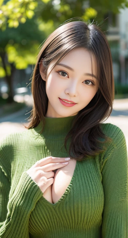 masutepiece, Best Quality, Photorealsitic, finely detail, hight resolution, 8K Wallpapers, Perfect dynamic composition, Beautiful detailed eyes, Medium Hair, Random and sexy poses,Bring your chest together、(Tight Green Knitwear)、(Breast bulge 1.0)、A smile、open open mouth、Resort scenery、24 year old、(Drooping eyes 1.4)、 Beauty、japanes