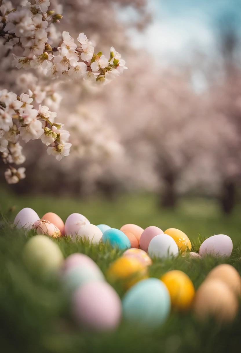 a creative shot of Easter eggs arranged in a gradient pattern, with different shades of pastel colors against a backdrop of spring blossoms, representing the vibrancy of the season