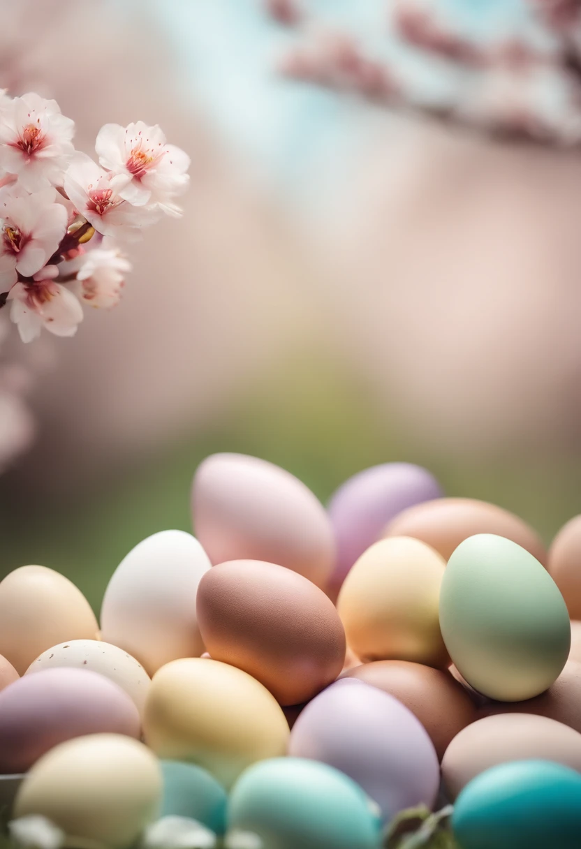 a creative shot of Easter eggs arranged in a gradient pattern, with different shades of pastel colors against a backdrop of spring blossoms, representing the vibrancy of the season